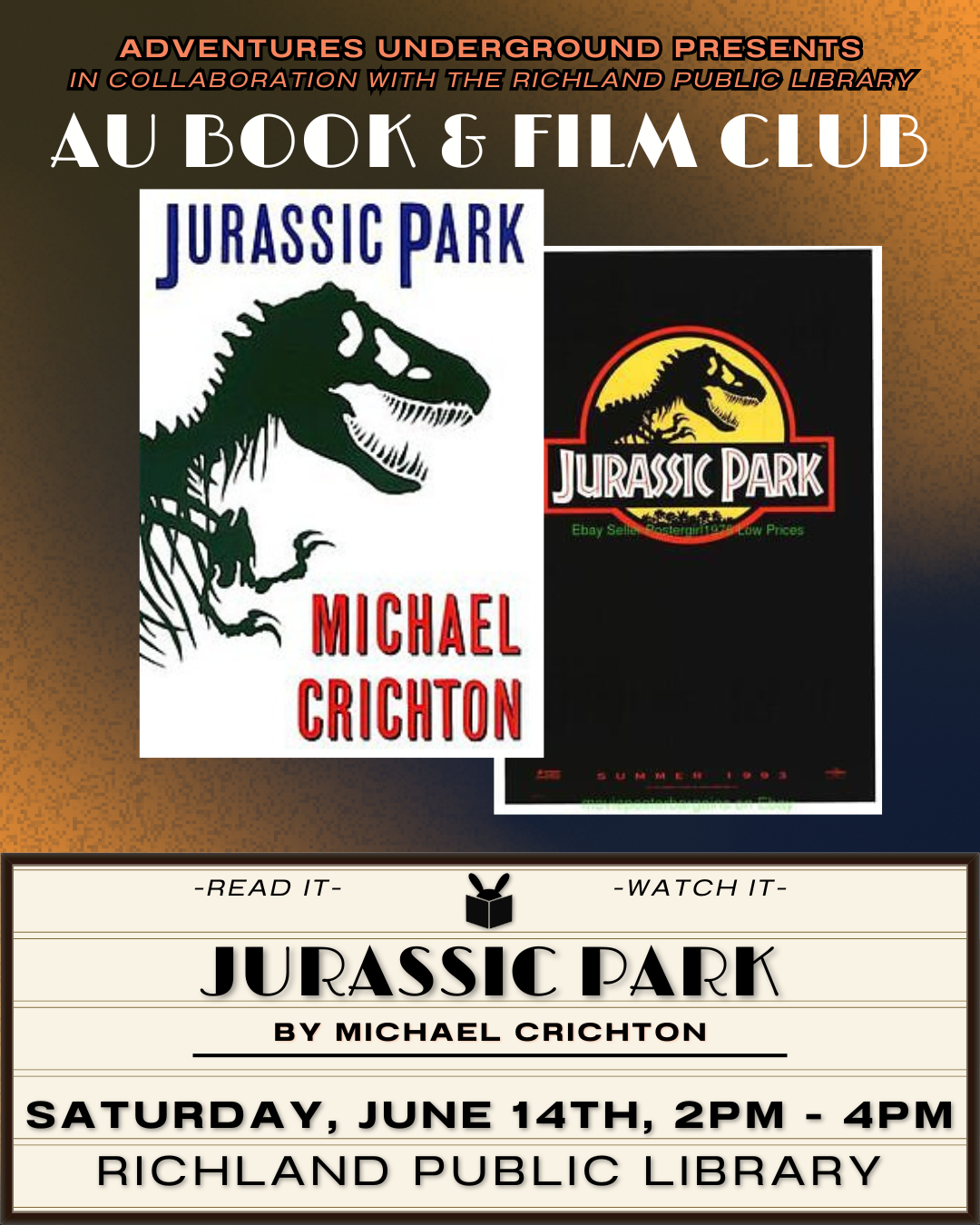 Read Jurassic Park by Michael Crichton, then come watch the movie with us at the Richland Library 6/14 2-4 PM. Discussion will follow.