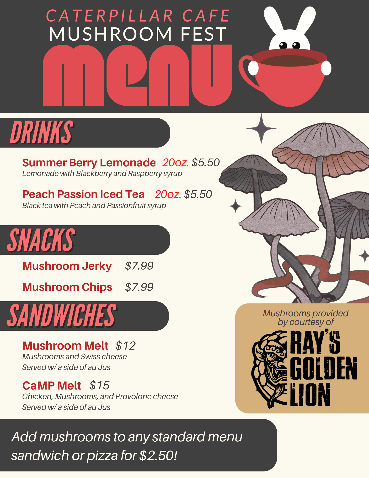 Mushroom jerky, mushroom chips, Mushroom Melt, CaMP Melt, Summer Berry Lemonade, and Peach Passion Iced Tea