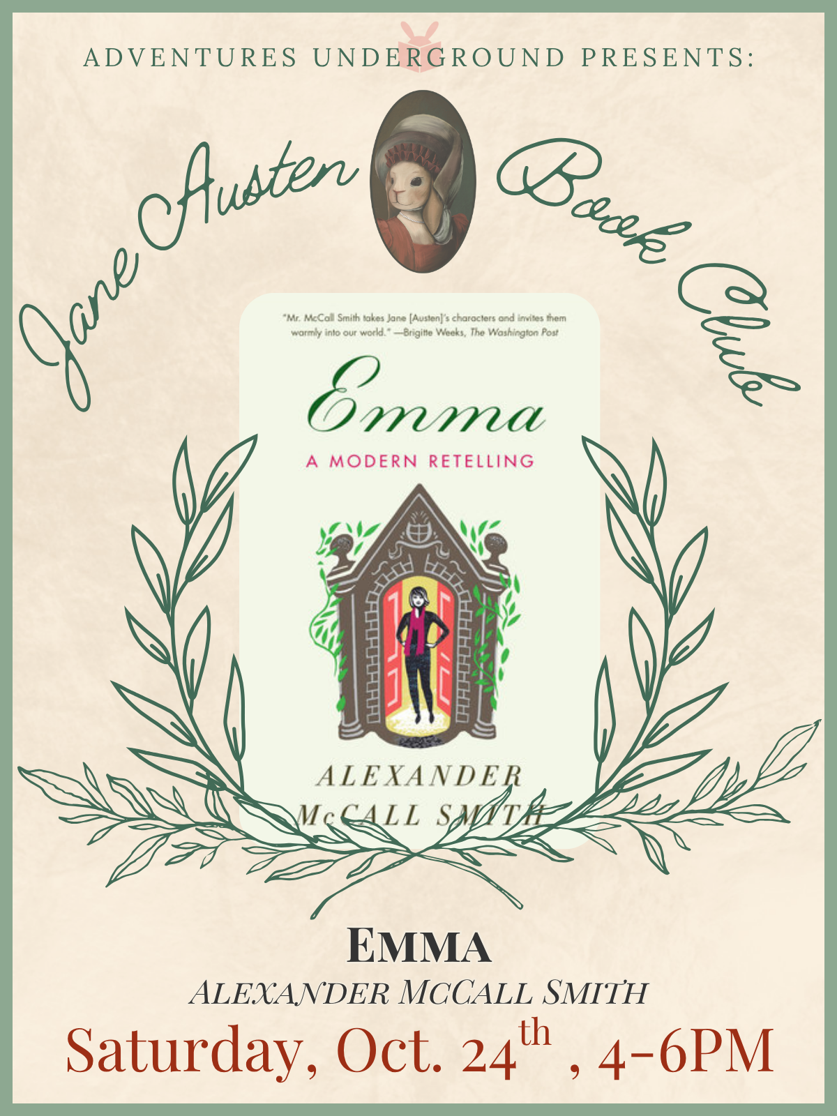 Emma by Alexander McCall-Smith - Meeting Saturday, October 4th at 4PM in the Looking Glass event space. Tea and scones will be provided.